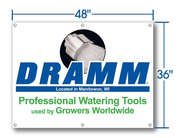 Image of Dramm Watering Tools Banner Showing the Dimensions 4 feet by 3 feet.